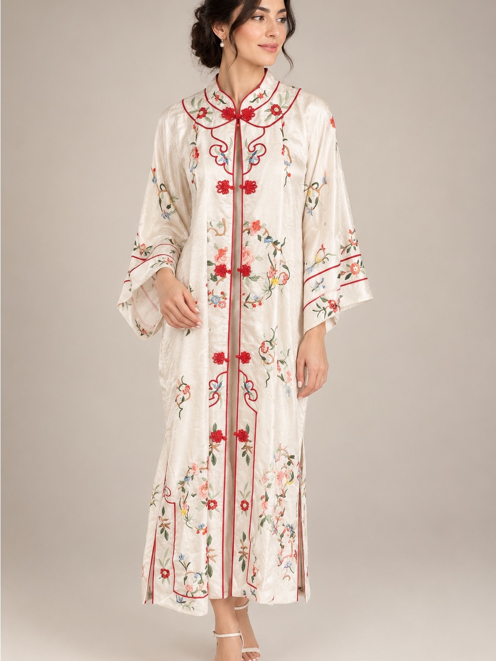 Embroidered Ivory Floral Midi Kimono Silk Robe with Red Trim